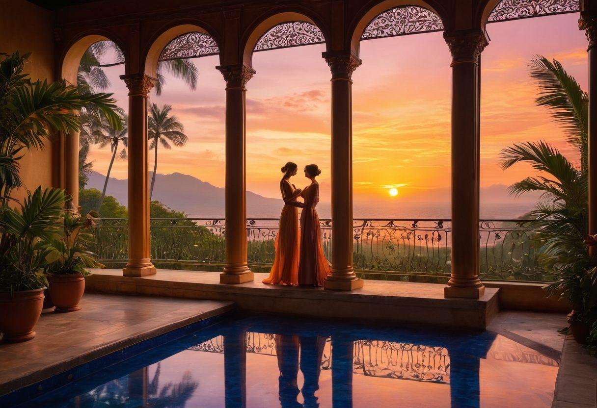 A captivating scene depicting an artistic interpretation of adult film imagery intertwined with romantic getaway elements. Include lush tropical landscapes, elegant architecture, and silhouetted figures engaging in playful intimacy. Use a rich color palette that evokes warmth and allure, blending anime-style elements with real-world beauty. Emphasize a dreamy, enchanting atmosphere. vibrant colors. super-realistic.