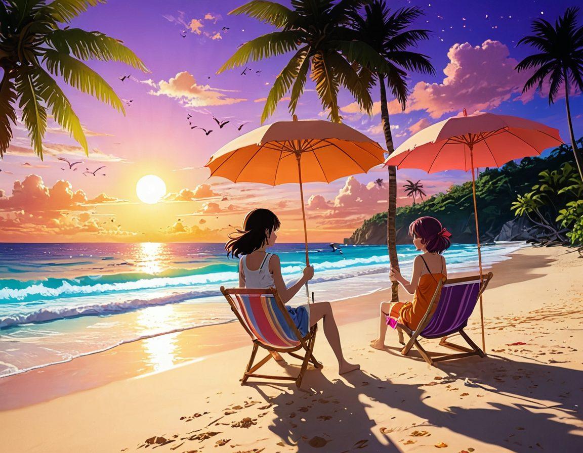 A whimsical anime scene depicting a vibrant tropical beach where animated characters embark on exciting romantic adventures. Include playful elements like oversized tropical flowers, beach umbrellas, and a colorful sunset in the background, capturing the fusion of lightheartedness and passion. The characters should convey joy and excitement as they interact in this fantasy setting. bright colors. anime style. dynamic composition.